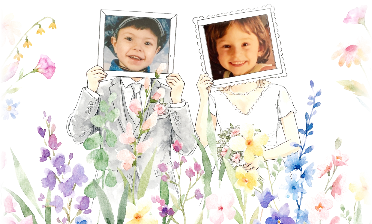 Illustration du faire-part : Camille et Bastian enfants, au milieu des fleurs des champs